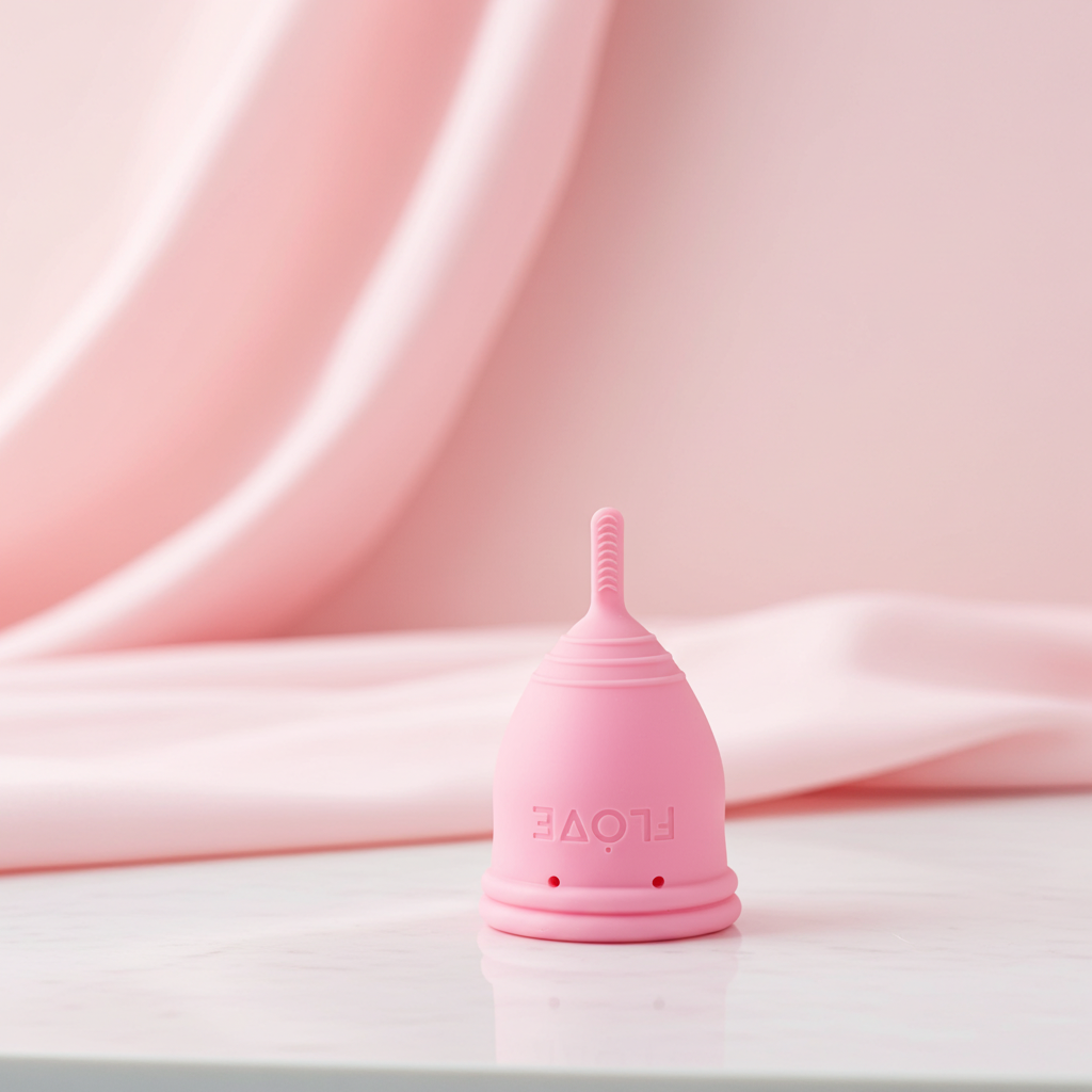 Gjenbrukbar Flove rosa menskopp. Laget av medisinsk silikon